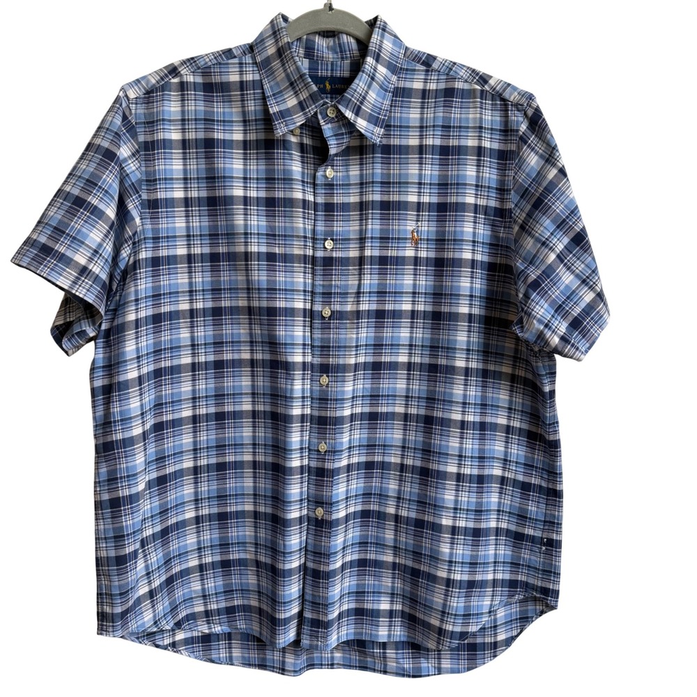 Ralph Lauren Plaid Button Down Mens XL Blue Short Sleeve Cotton Pony Logo Preppy